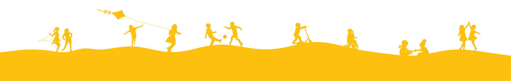 solid yellow vector image of soft hills with several children doing different activites
